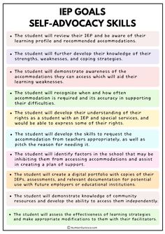 the iep goal sheet for self - advocacy skills is shown in this graphic above