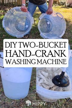 two buckets filled with hand - crank washing machine sitting on the grass next to a man