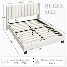 the queen size bed frame is shown with measurements