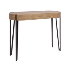 a wooden table with black metal legs