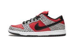 The 2012 follow-up to the highly sought after duo of Dunk Lows by Supreme in 2002.  These leave off right where the first two started, featuring an elephant print upper with red, black, and white accents.  Ten years separate these from the first two elephant print Dunks by Supreme, but now these just as coveted as the originals. Nike Sb Dunk Low Red, Nike Sb High, Dunk Lows, Black Cement