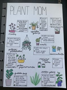 an open notebook with plants on it and the words plant mom written in different languages