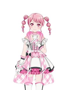 an anime character with pink hair and dress, standing in front of a white background