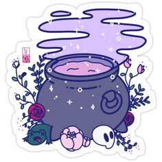 a sticker with an image of a cauldle surrounded by flowers and plants