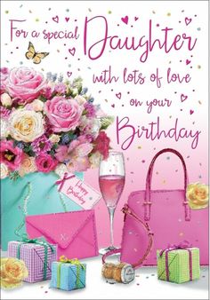 a birthday card with pink flowers and gifts