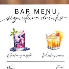 a sign with different types of drinks on it and the words, bar menu signature drinks