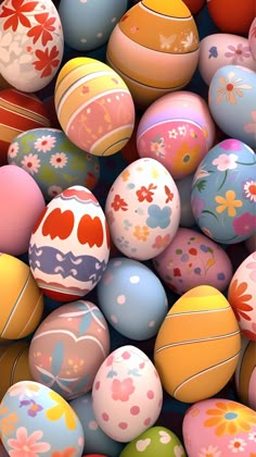 many different colored easter eggs with flowers on them, all in the same color and pattern