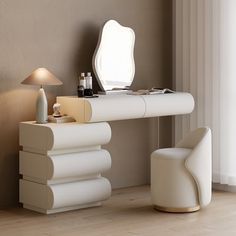 a white desk with a mirror, lamp and chair in front of it on a hard wood floor