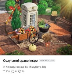 an animated image of a garden with flowers and plants on the ground in front of a phone booth