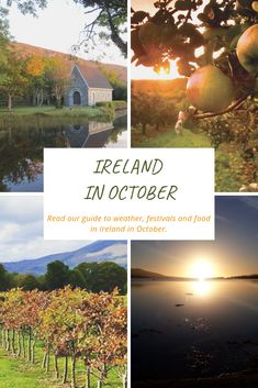 the cover of ireland in october, with pictures of trees and water at sunset or sunrise