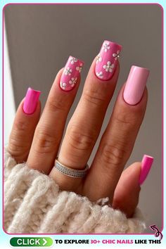 Long, square-shaped aesthetic pink nails with a candy hue and glossy white floral patterns, ideal for spring celebrations or date nights, made with acrylic. Vacation Nail Designs, Summer Vacation Nails, Neon Nail Designs, Nails Inspired, Zebra Nails, Hot Pink Nails, Nail Design Inspiration, Vibrant Nails