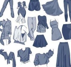 a bunch of different types of clothes on display in a white background with black and blue colors