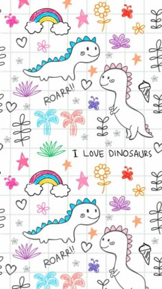 a pattern with dinosaurs and flowers on it, in the middle of a gridded background