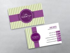 two business cards with purple and green stripes on the front, one has a name tag