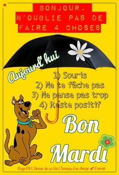 a cartoon dog holding an umbrella with the words bon mardi in french on it