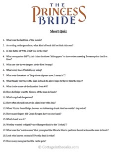 the princess's bride quiz answers are shown in this printable question sheet for adults