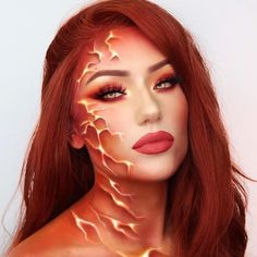 Dark Phoenix Makeup, Fire Make Up Halloween, Fire Inspired Costume, Phoenix Makeup Look, Phoenix Inspired Makeup, Elements Photoshoot, Flame Makeup