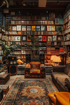 a living room filled with furniture and lots of books on the shelves in front of it