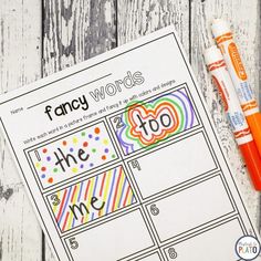 a printable worksheet with the words fancy words on it and two markers next to it