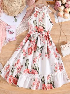 White Boho Collar Sleeveless Fabric Floral,All Over Print A Line Embellished Non-Stretch  Tween Girls Clothing Dress For Teenage Girl, Adrette Outfits, Shein Kids, White Halter Dress, Summer Trends Outfits, Cute Dress Outfits, Casual Preppy Outfits, Cute Prom Dresses, Fabric Floral