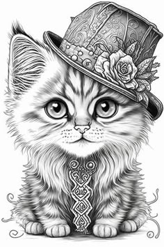 a drawing of a cat wearing a hat with roses on it's head and a tie