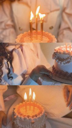 a woman holding a cake with lit candles on it in front of two other cakes