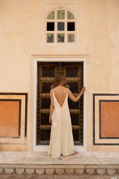 Simple raw Ahimsa silk dress with deep opening in the back in beige colour. Open back makes it a best dress for warm summer days and nights. Also can be worn for a special occasion, as a wedding dress. It has a loose, maxi silhouette. Soft and light fabric with rustic texture.  This beautiful dress made from raw Ahimsa silk from India. Ahimsa silk fabric is a boon for those who practice absolute non-violence, not using any product obtained by killing any animal. It is mainly produced with pierce Simple Silk Dress, Rustic Texture, Water Waste, Natural Boho, Dress Maternity, Beige Colour, Open Back Dress, Dress Bohemian, Dry Cleaners