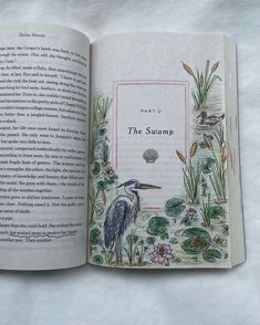 an open book with pictures of birds and plants