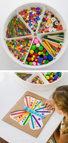 a child is making a craft with colored pencils and crayons