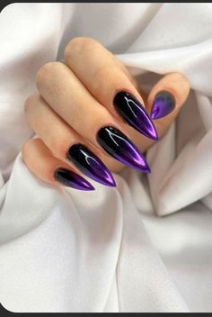 Black Nails With Purple Tips, Halloween Pointy Nails, Black And Blue Glitter Nails, Purple Nails With Black Tips, Dark Purple Sparkly Nails, Dark Purple And Black Nails, Ursula Nails, Purple Goth Nails, Villain Nails