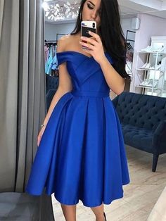 Off the Shoulder Royal Blue Short Prom Dresses Homecoming Dresses, Off Shoulder Royal Blue Formal Graduation Evening Dresses Blue Satin Prom Dress, Royal Blue Evening Dress, Tea Length Prom Dress, Off Shoulder Ball Gown, Short Satin Dress, Royal Blue Shorts, Satin Homecoming Dress, Royal Blue Prom Dresses, Cocktail Outfit