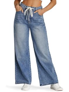 Casual style. European design. Wide leg pants. Buttons front closure. Zipper closure. Tied on front. Pockets on sides, front and back. 90% cotton, 10% polyester. Color may be lighter or darker depending of the device it is displayed. Trendy Tie Waist Pants, Relaxed Fit Wide Leg Jeans With Drawstring, Mid-rise Jeans With Drawstring For Spring, Spring Mid-rise Jeans With Drawstring, High Waist Denim Bottoms With Drawstring, High Rise Relaxed Fit Bottoms With Drawstring, High Rise Bottoms With Drawstring And Relaxed Fit, Wide Leg Denim Jeans With Drawstring, Trendy Tie Waist Pants For Fall