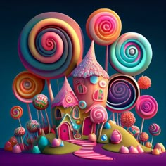 an illustration of a colorful candy land with lots of lollipops on it