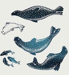 four different types of sea animals are depicted in this graphic art work, including fish and dolphins