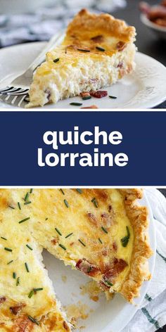 quiche lorraine on a white plate with the title in french above it