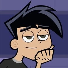 a cartoon character with black hair and big eyes holding his hand up to his mouth