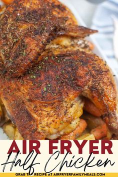 air fryer fried chicken on a plate with potatoes and carrots in the background