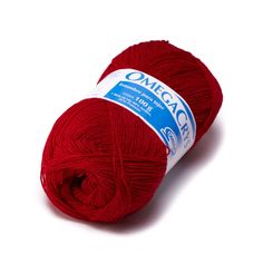 a red ball of yarn on a white background with the words omecace written in blue