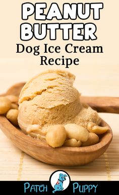 a scoop of peanut butter dog ice cream in a wooden spoon with the title overlay