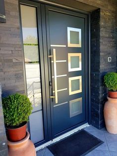 two large planters with plants in front of a door