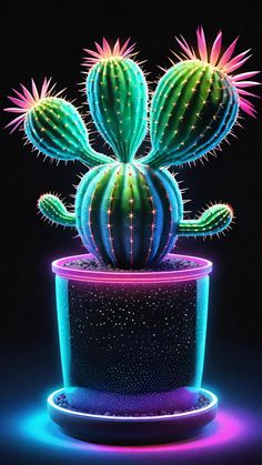 a cactus in a pot with neon lights on the top and bottom, it is glowing brightly