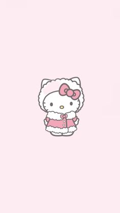 a hello kitty wallpaper with pink and white colors in the background, there is an image of a hello kitty wearing a pink dress