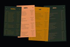 three different types of table cards on a black background, each with an orange and green color scheme