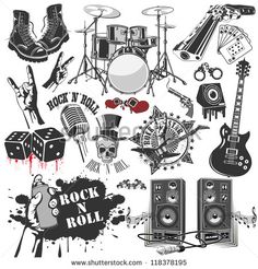 various musical instruments and accessories on a white background, including drums, guitar, drum sticks,