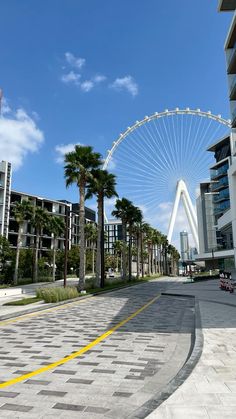 a large ferris wheel in the middle of a city with palm trees on both sides