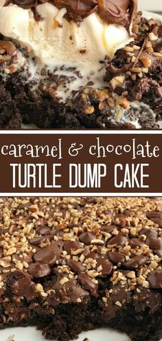 there is a chocolate cake with marshmallows on it and the words caramel & chocolate turtle dump cake