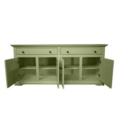 a green cabinet with two doors and drawers