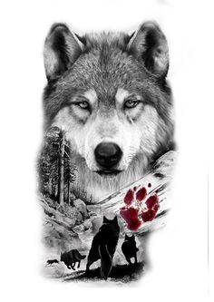 an image of a wolf with blood on it's face and paw prints in the background