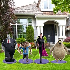 three cartoon characters are standing in front of a house with lawn decorations and bushes behind them