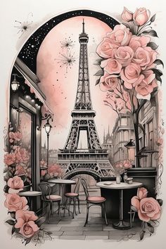 a drawing of the eiffel tower in paris with pink roses and chairs around it